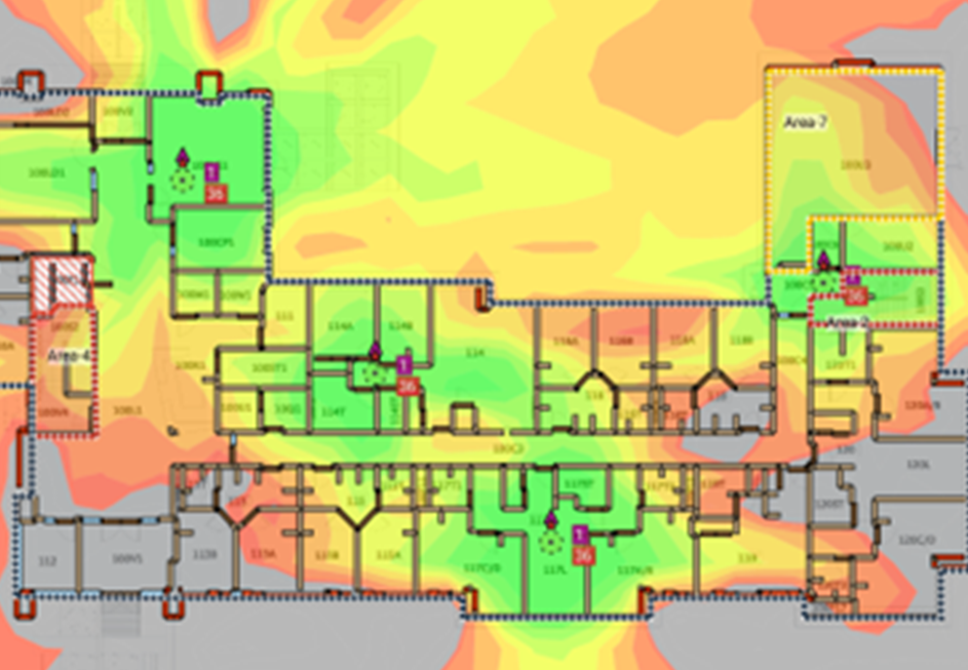 A color-coded heat map showing wireless signal strength across an area, indicating coverage and connectivity levels.