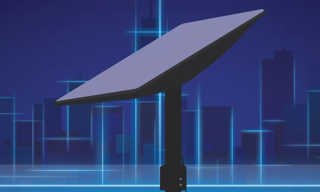 Futuristic Starlink dish visual representing V2 Mini satellite upgrades designed to boost speed, bandwidth, and satellite-to-satellite connectivity.