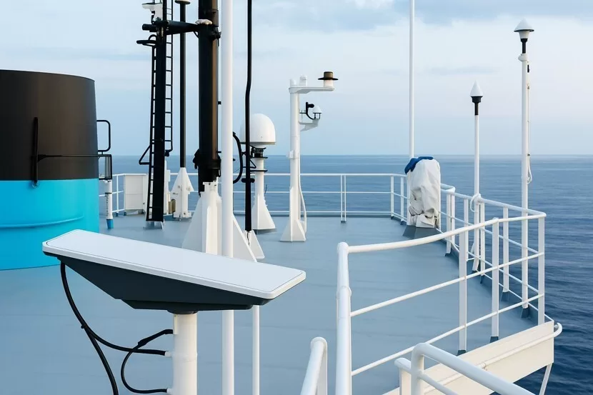 Starlink flat high-performance dish mounted on a ship deck, demonstrating mobile and maritime installation for connectivity at sea.