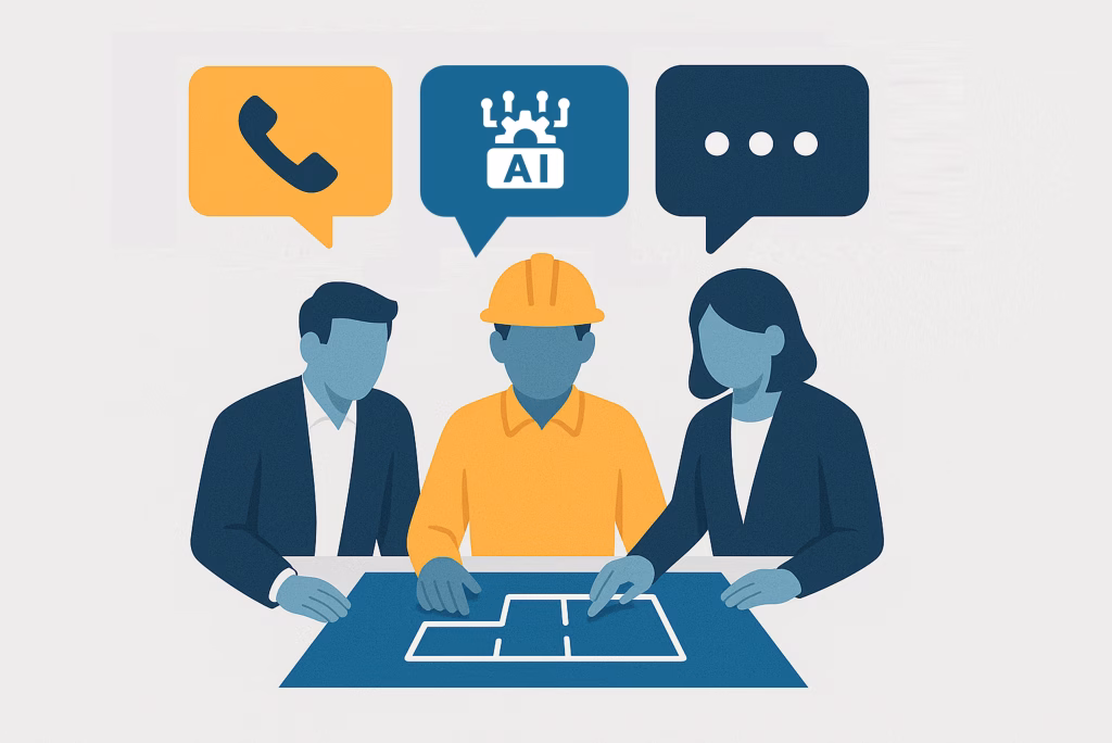 Three professionals—an engineer, a construction worker, and a project manager—collaborate over data center blueprints, with icons representing AI, communication, and planning.