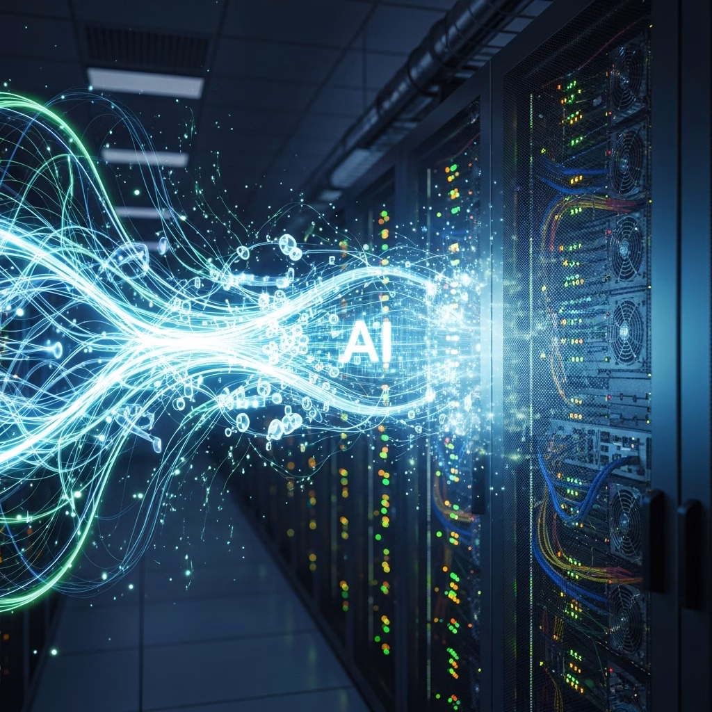 Dynamic AI data visualization showing flowing light streams emanating from server hardware with AI text and digital particles