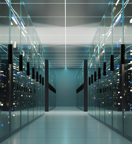 A futuristic data center with servers representing advanced data storage and processing technology.