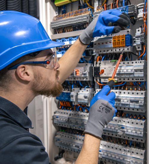 An electrician installing electrical circuits in a panel, showcasing wiring and safety measures in a technical setting.