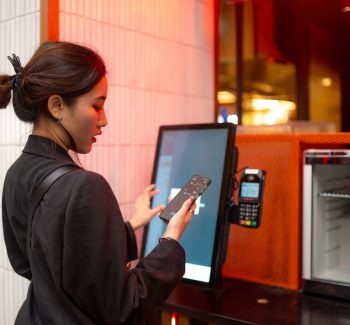 A self-service kiosk in a public space, featuring a touchscreen interface for user interaction and information access.