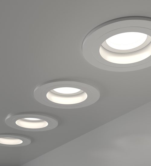 A close-up of LED lighting fixtures installed in a modern space, highlighting their sleek design and bright illumination.