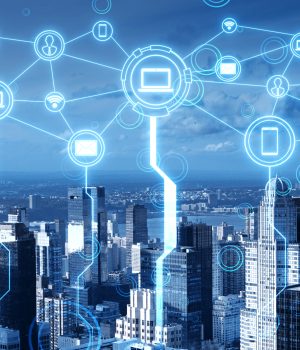 Network connectivity icons, cloud elements, and data flow graphics over a large city.